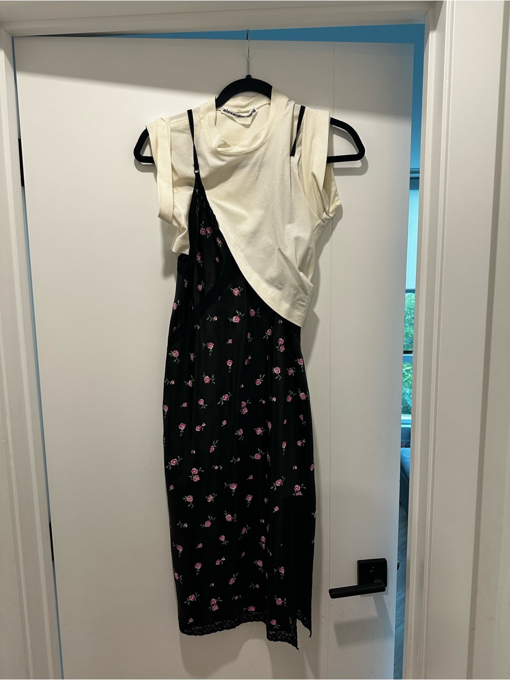 Alexander Wang Black Slip Dress with Cream Layered Top and Pink Floral Print